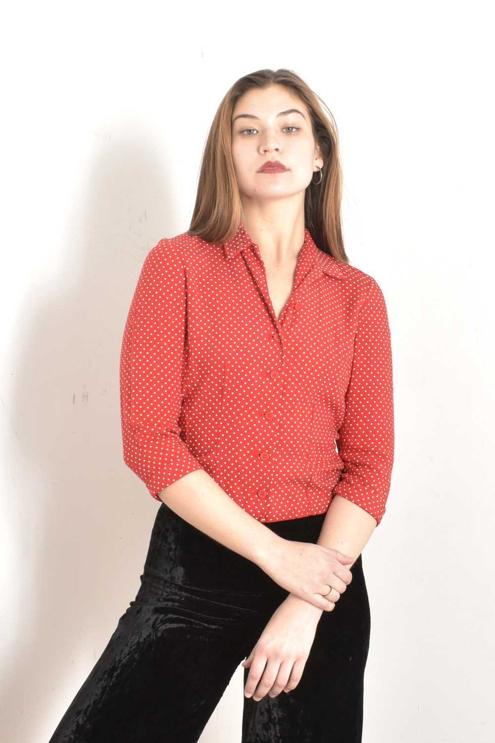 1950s Red Swiss Dot Blouse-XS/S - image 3