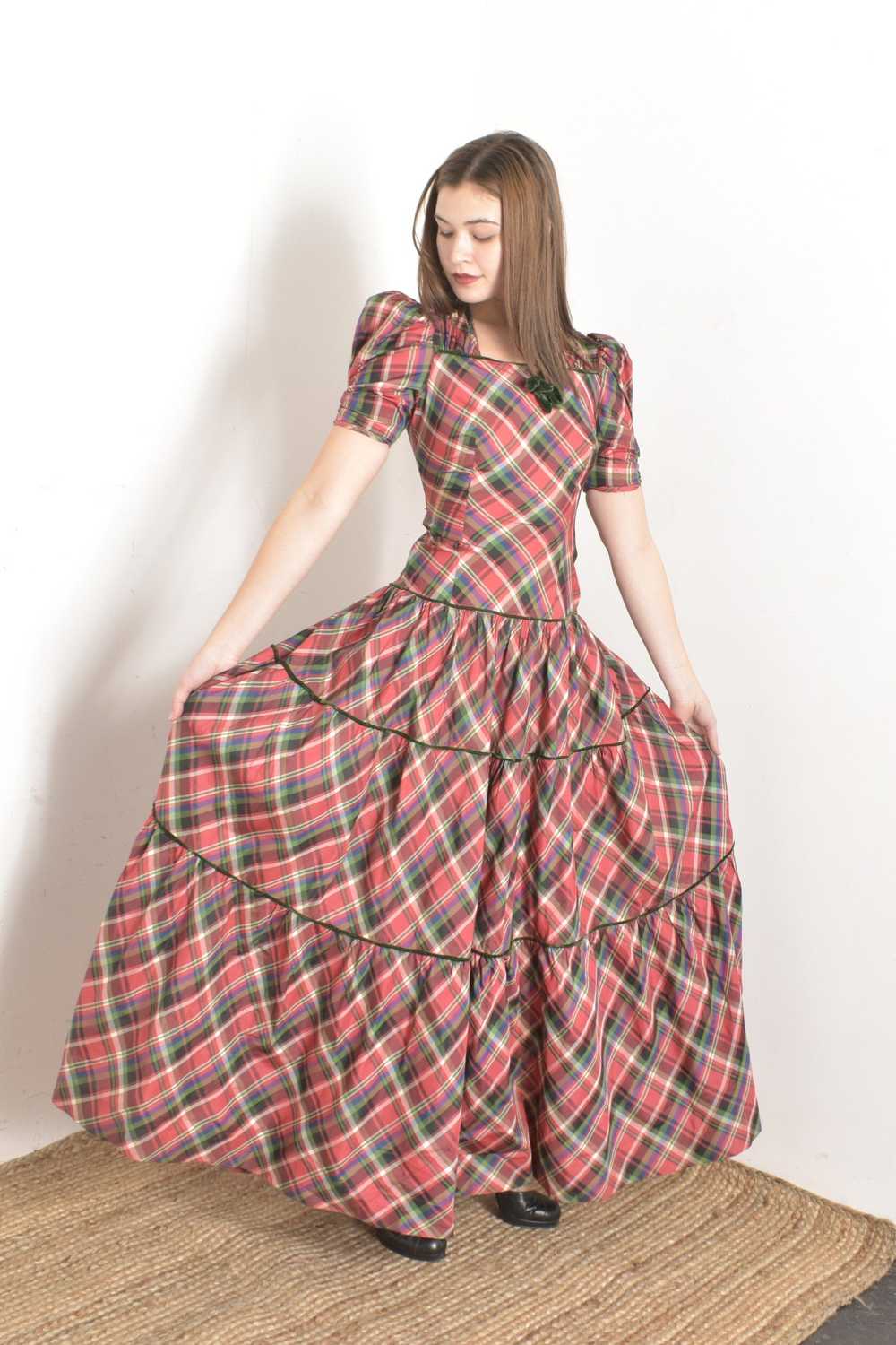 1940s Plaid Taffeta Maxi Dress-XS - image 2