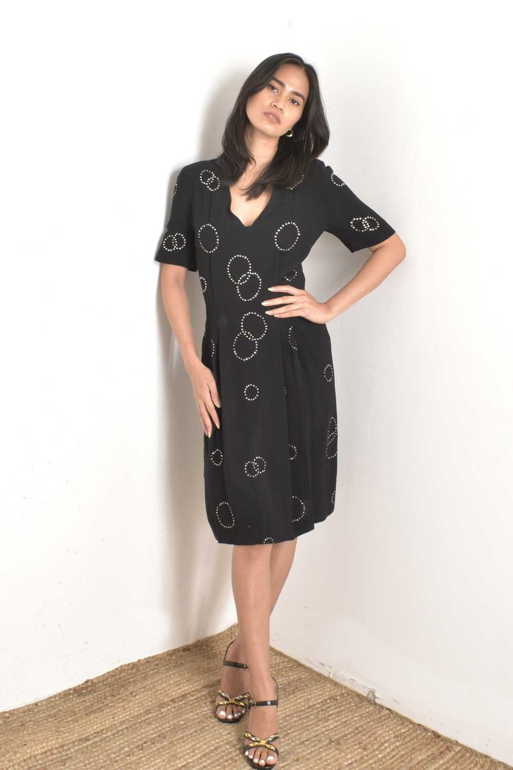 1940s Black Rayon Rhinestone Circle Dress-medium - image 3