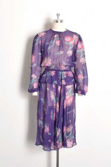 1970s Sheer Floral Peplum Dress-small