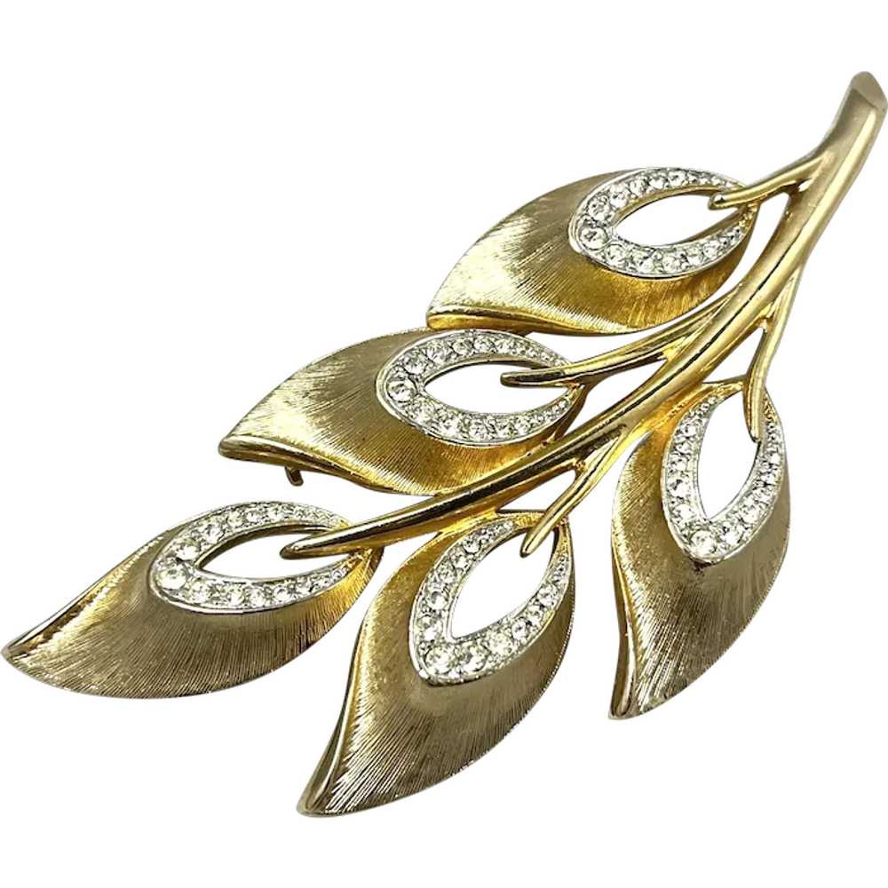 Vintage Rhinestone Gold Floral Leaf Brooch Pin - image 1