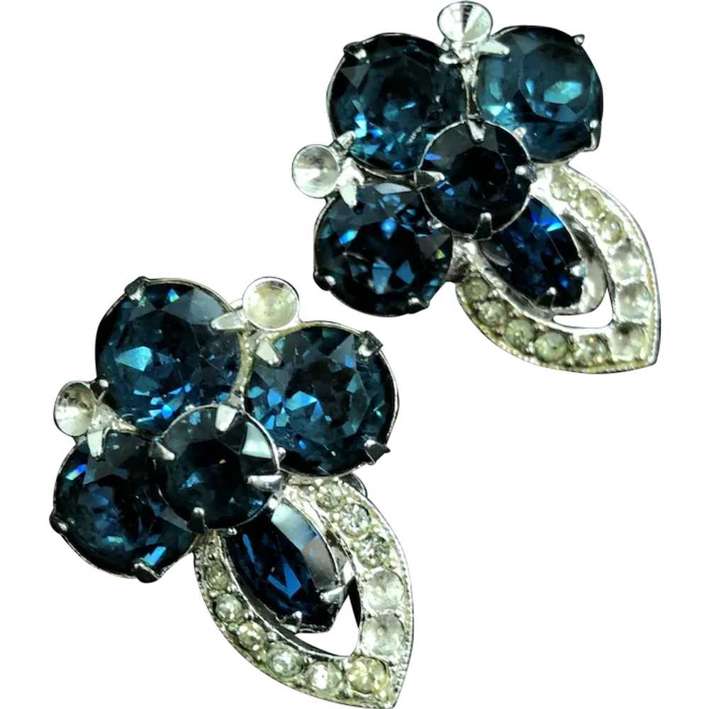 Vintage Eisenberg Blue Rhinestone Clip On Earrings - image 1