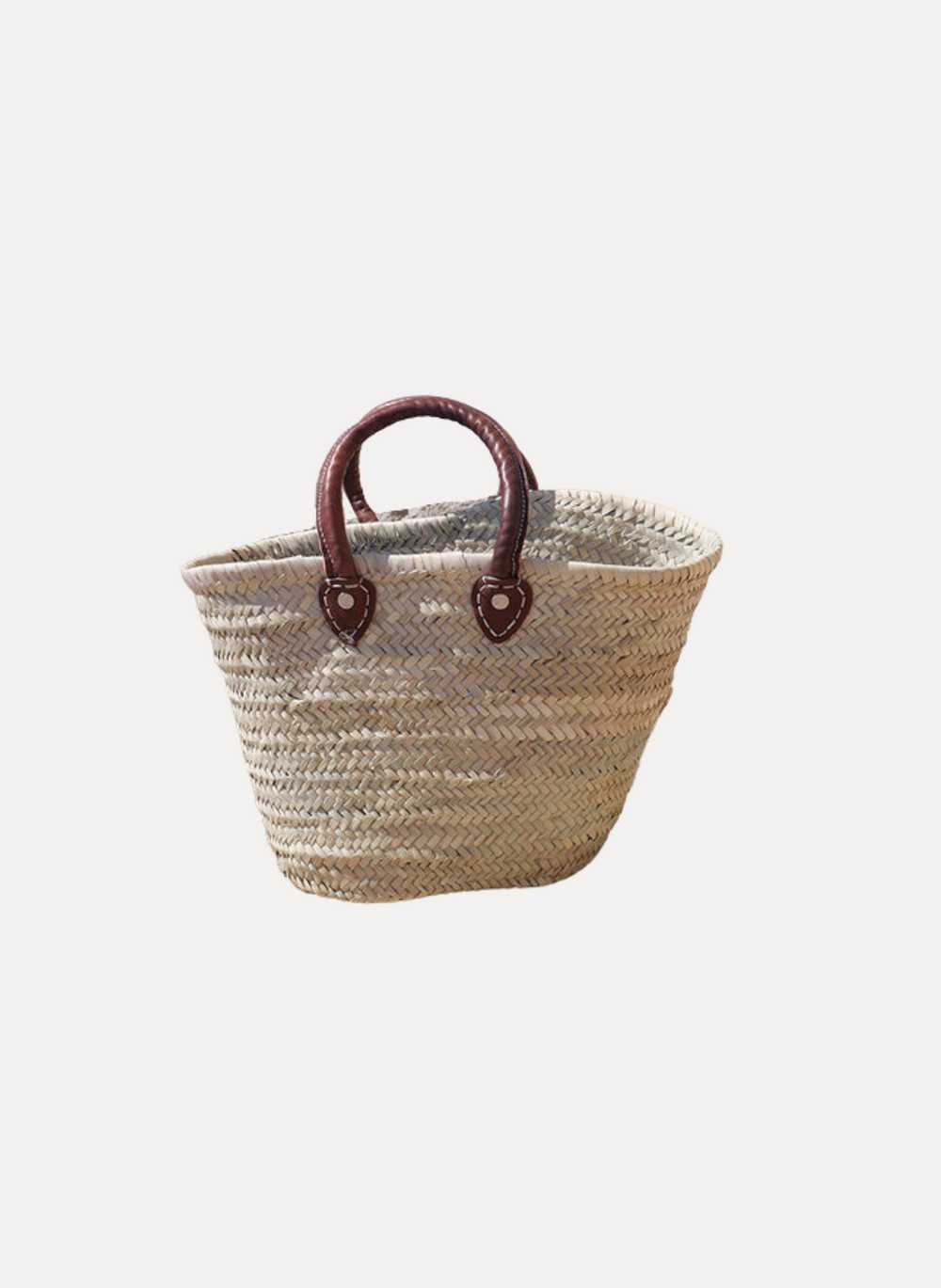 VINTAGE Medium wicker basket with small brown lea… - image 1