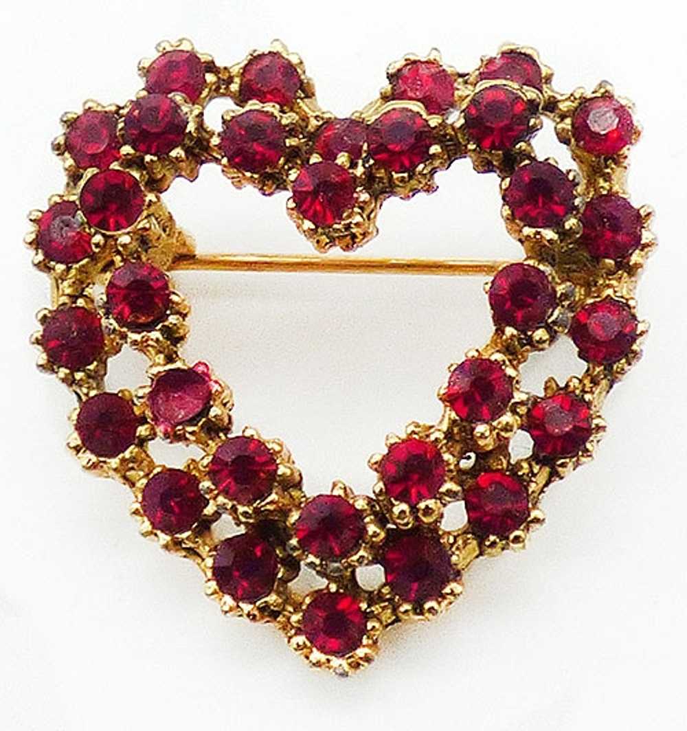 Tiered Red Rhinestone Heart Brooch - image 1