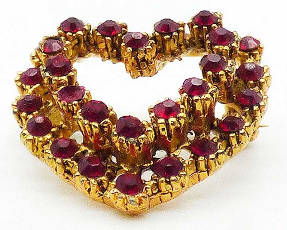 Tiered Red Rhinestone Heart Brooch - image 2