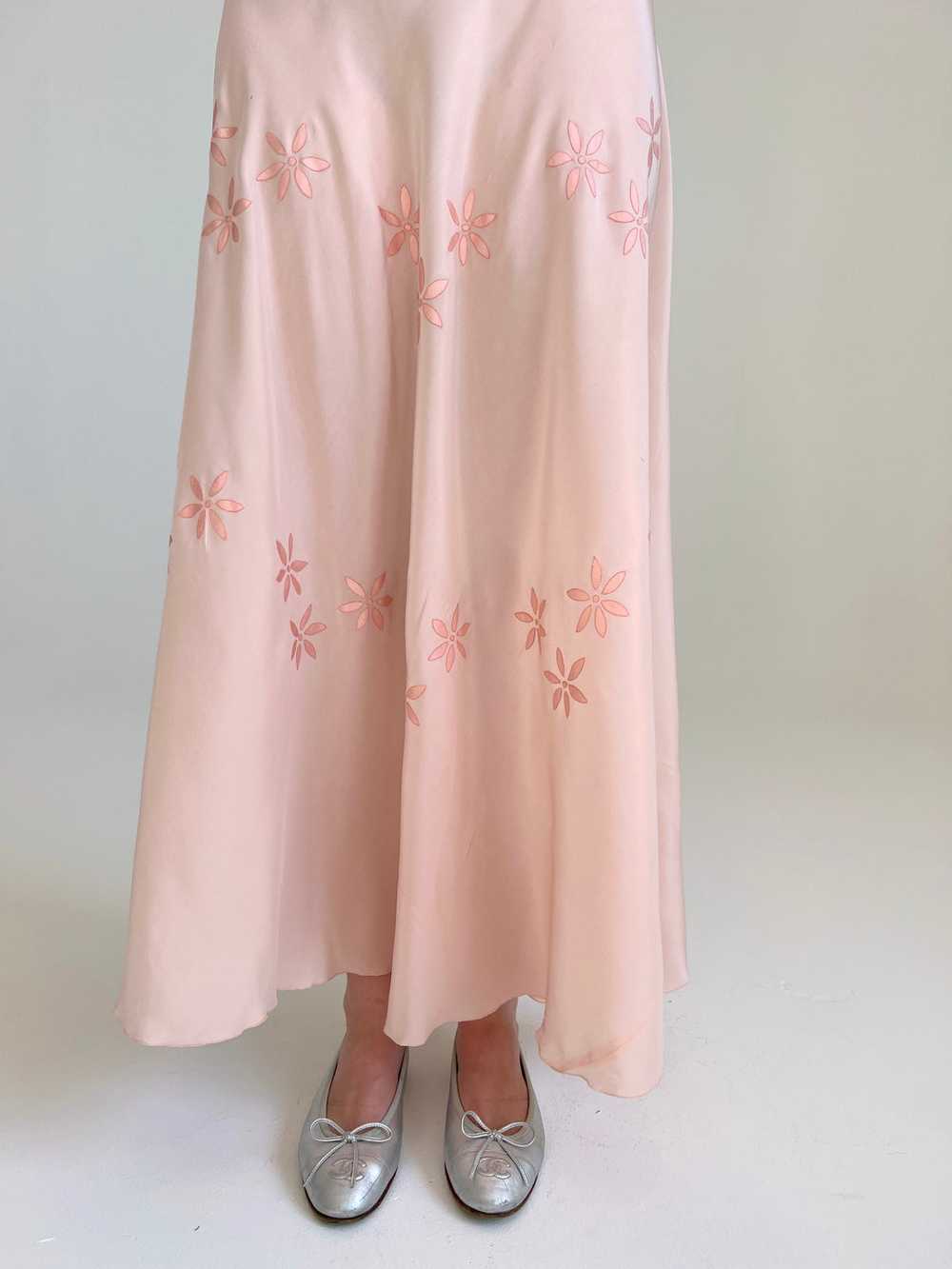 1930's Pink Silk Floral Embroidered Dress With Ti… - image 2