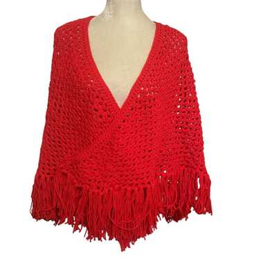 Handmade Vintage Shawl Red Handmade Crochet Knit … - image 1