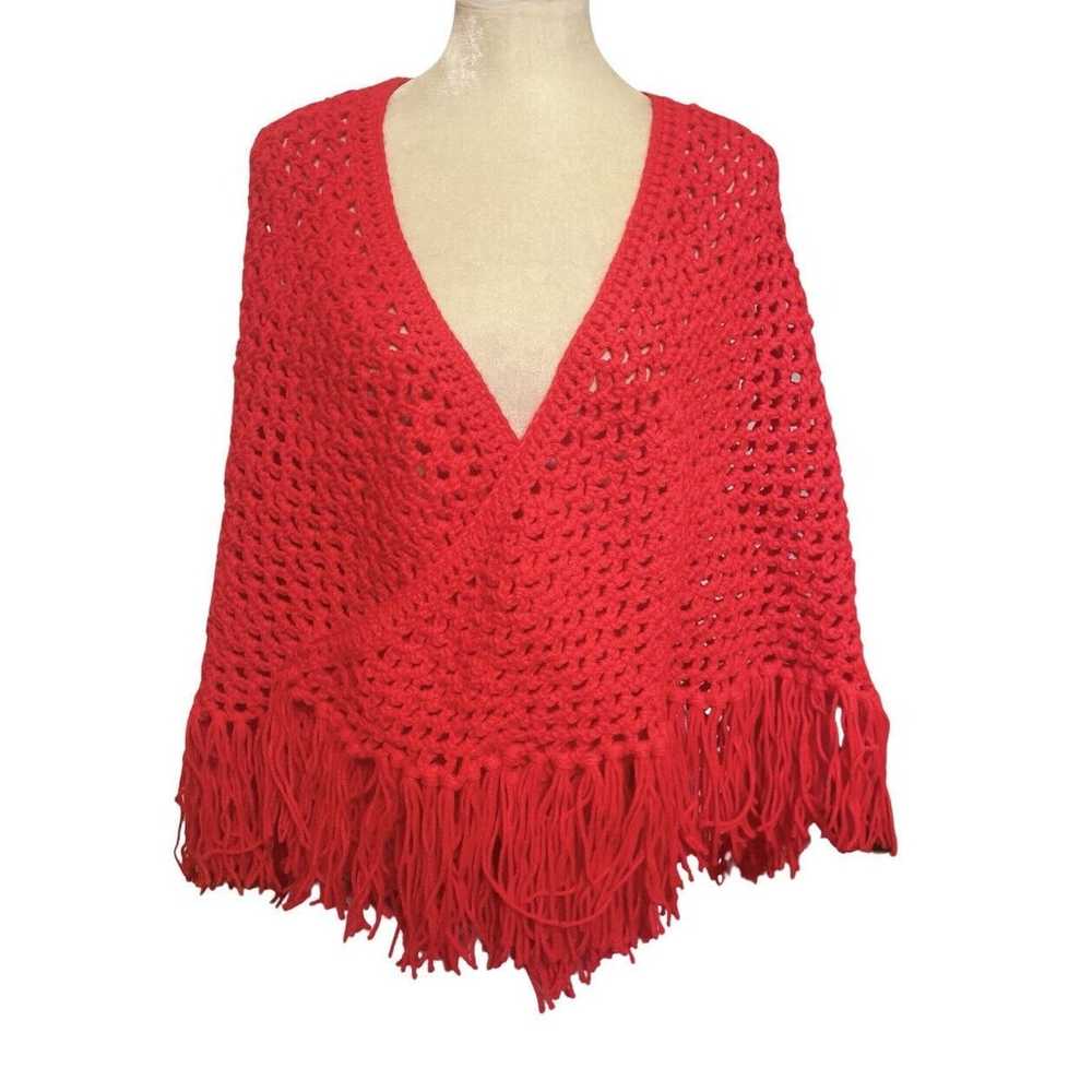 Handmade Vintage Shawl Red Handmade Crochet Knit … - image 5