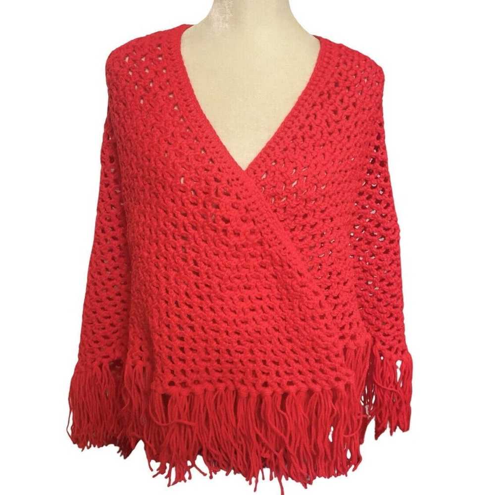 Handmade Vintage Shawl Red Handmade Crochet Knit … - image 8