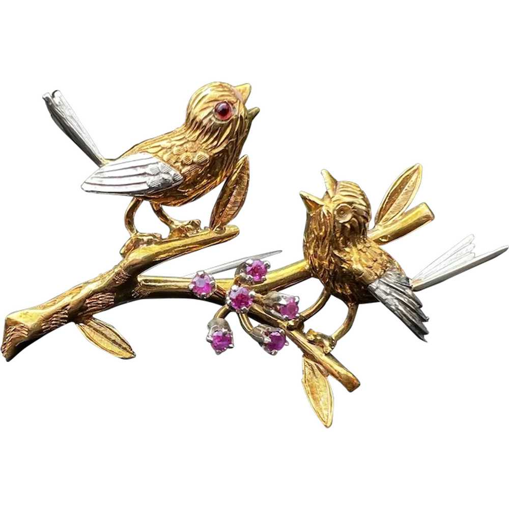 18K Yellow Gold and Ruby Lovebirds Brooch - image 1