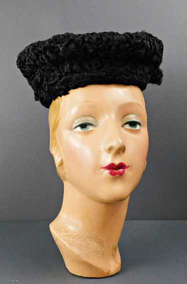 Vintage Black Curly Persian Lamb Fur Hat, Topper w