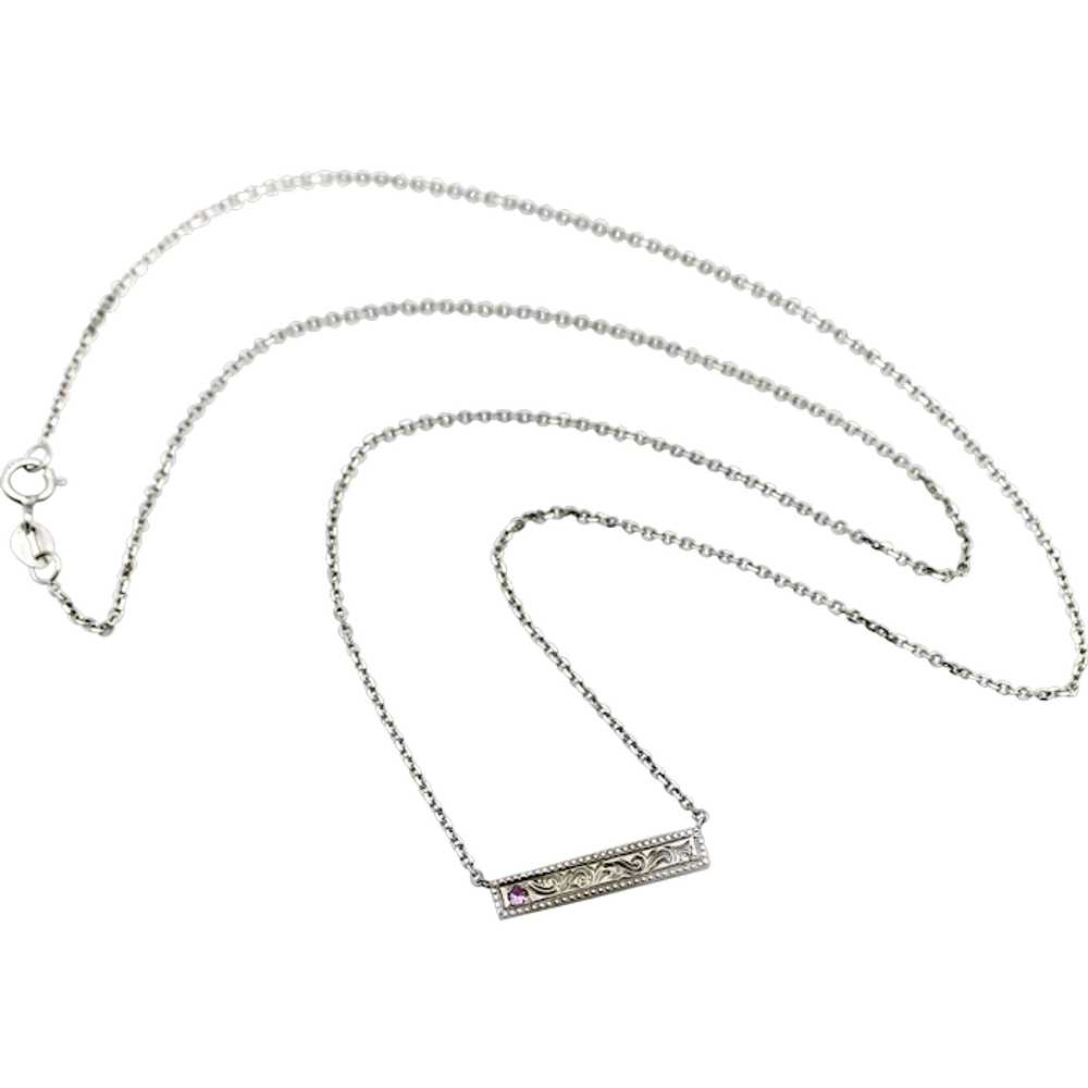 14K White Gold Bar Necklace with Diamond and Pink… - image 1