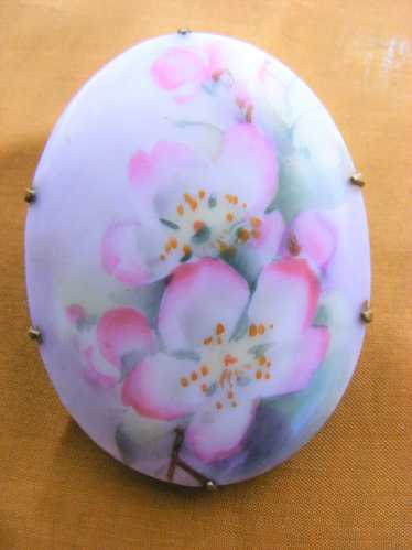 Victorian Dogwood Brooch Hand Painted Porcelain