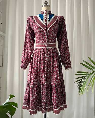 70s Gunne Sax Burgundy Floral & Velvet Dress - image 1