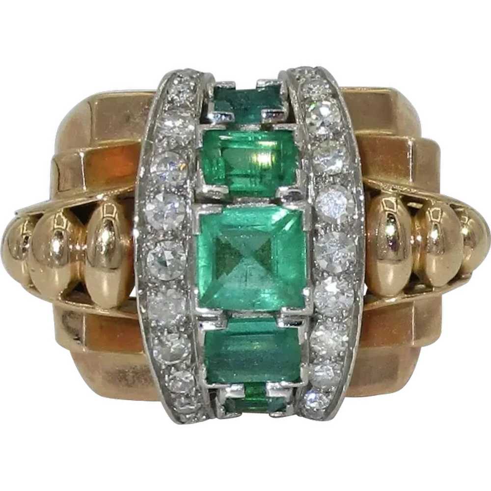 French Retro 18K Platinum Emerald Ring - image 1