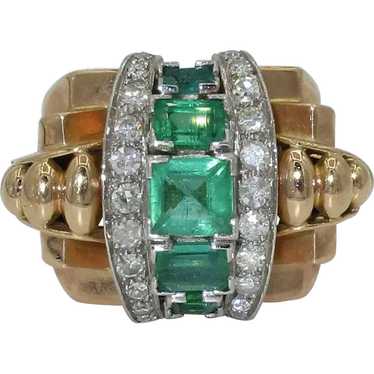 French Retro 18K Platinum Emerald Ring - image 1