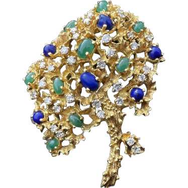 18K Yellow Gold Lapis, Emerald and Diamond Flower 