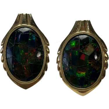 Opal Mosaic Earrings 14K Large Mid-Century - image 1