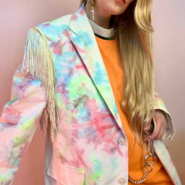 Upcycled tie dye fringe blazer