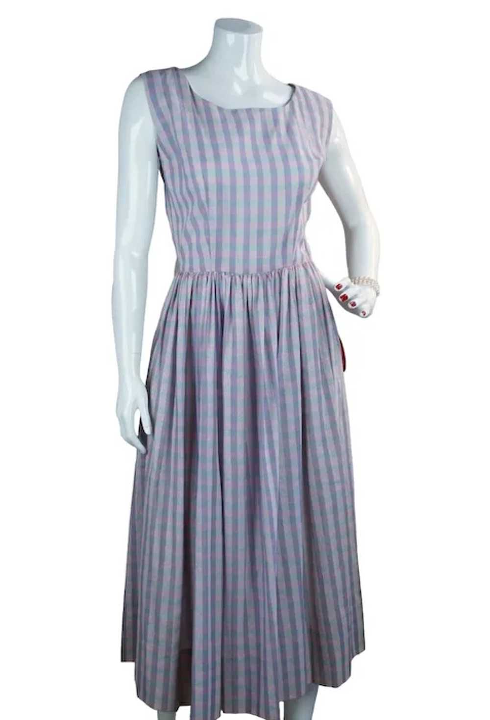 50s Pink and Blue Plaid Cotton Full Skirt Sundres… - image 2