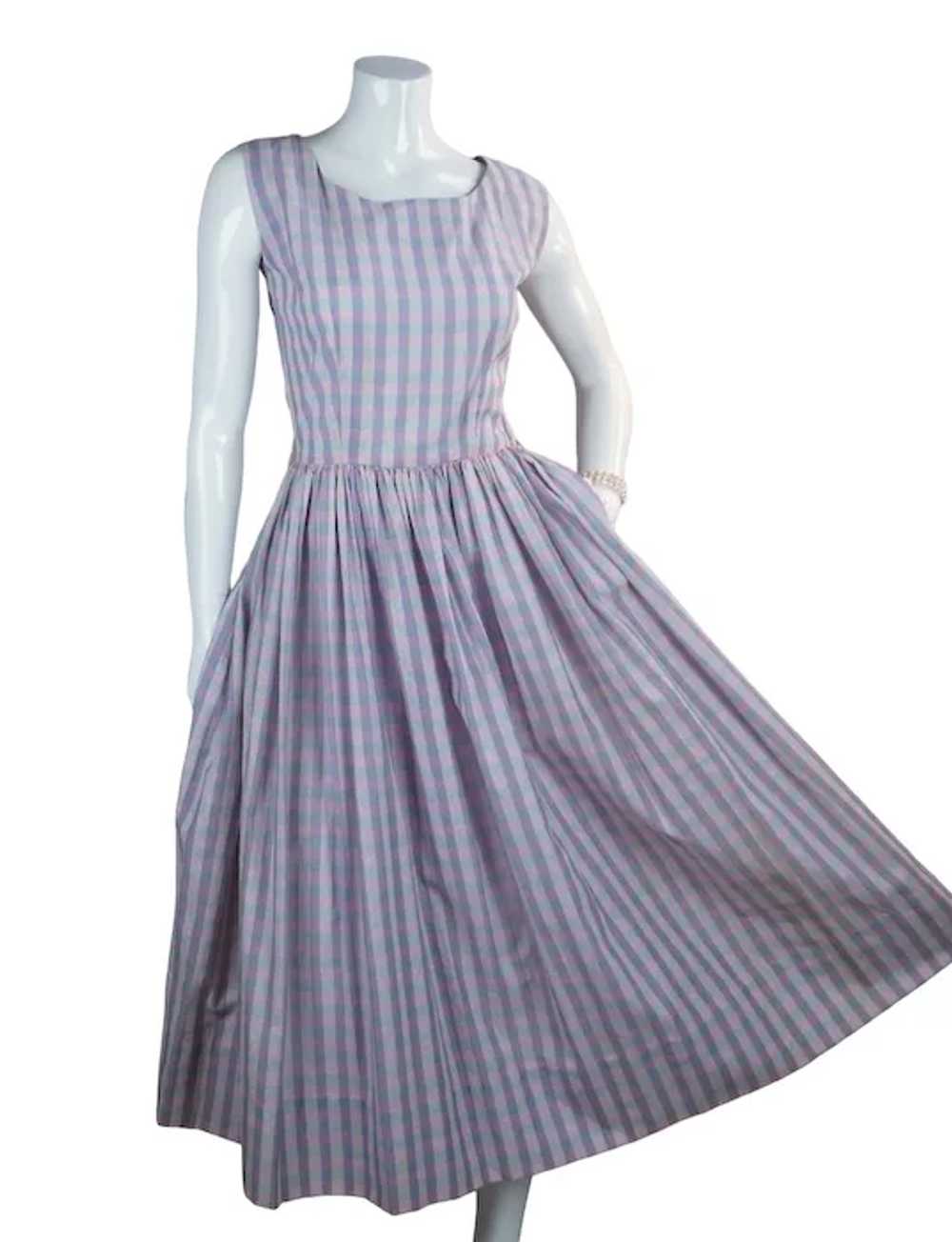 50s Pink and Blue Plaid Cotton Full Skirt Sundres… - image 3
