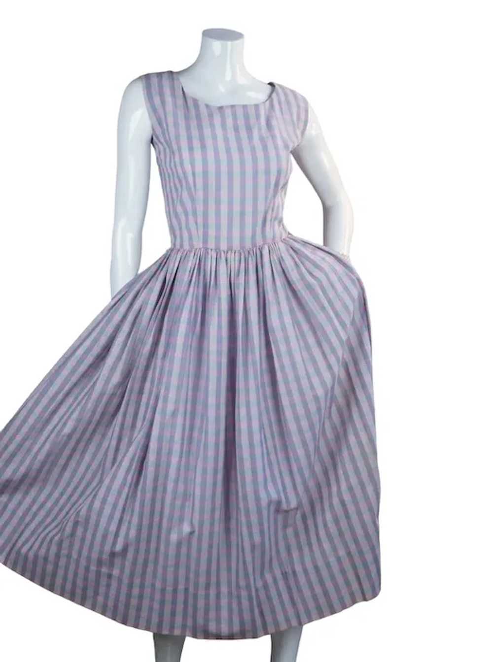 50s Pink and Blue Plaid Cotton Full Skirt Sundres… - image 4