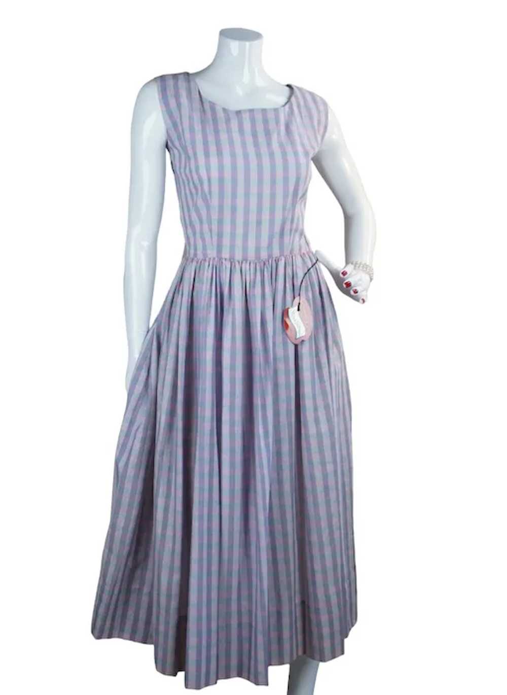 50s Pink and Blue Plaid Cotton Full Skirt Sundres… - image 5