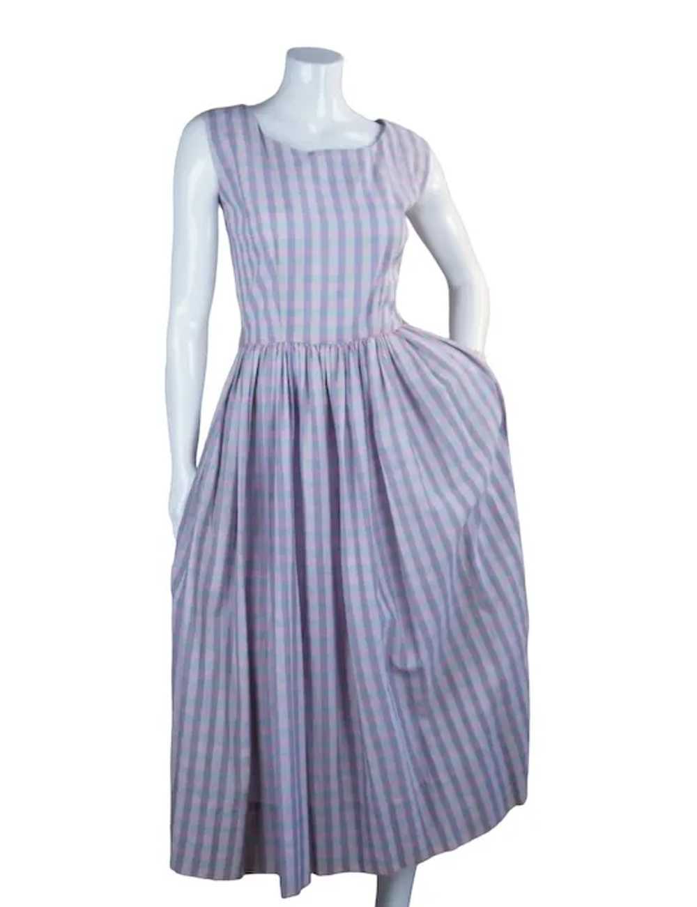50s Pink and Blue Plaid Cotton Full Skirt Sundres… - image 6