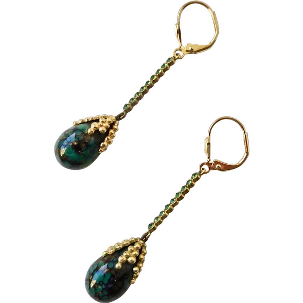 Green and Black Art Glass Drop Earrings with Gree… - image 1