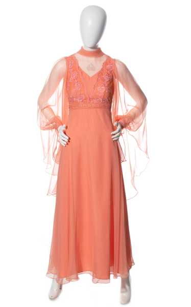 1970s Peach Chiffon Epic Sleeves Maxi Dress | x-sm