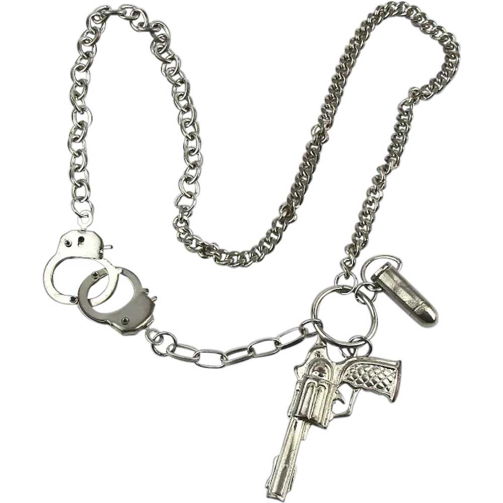 Vintage Novelty Silvertone Necklace Handcuffs Gun… - image 1