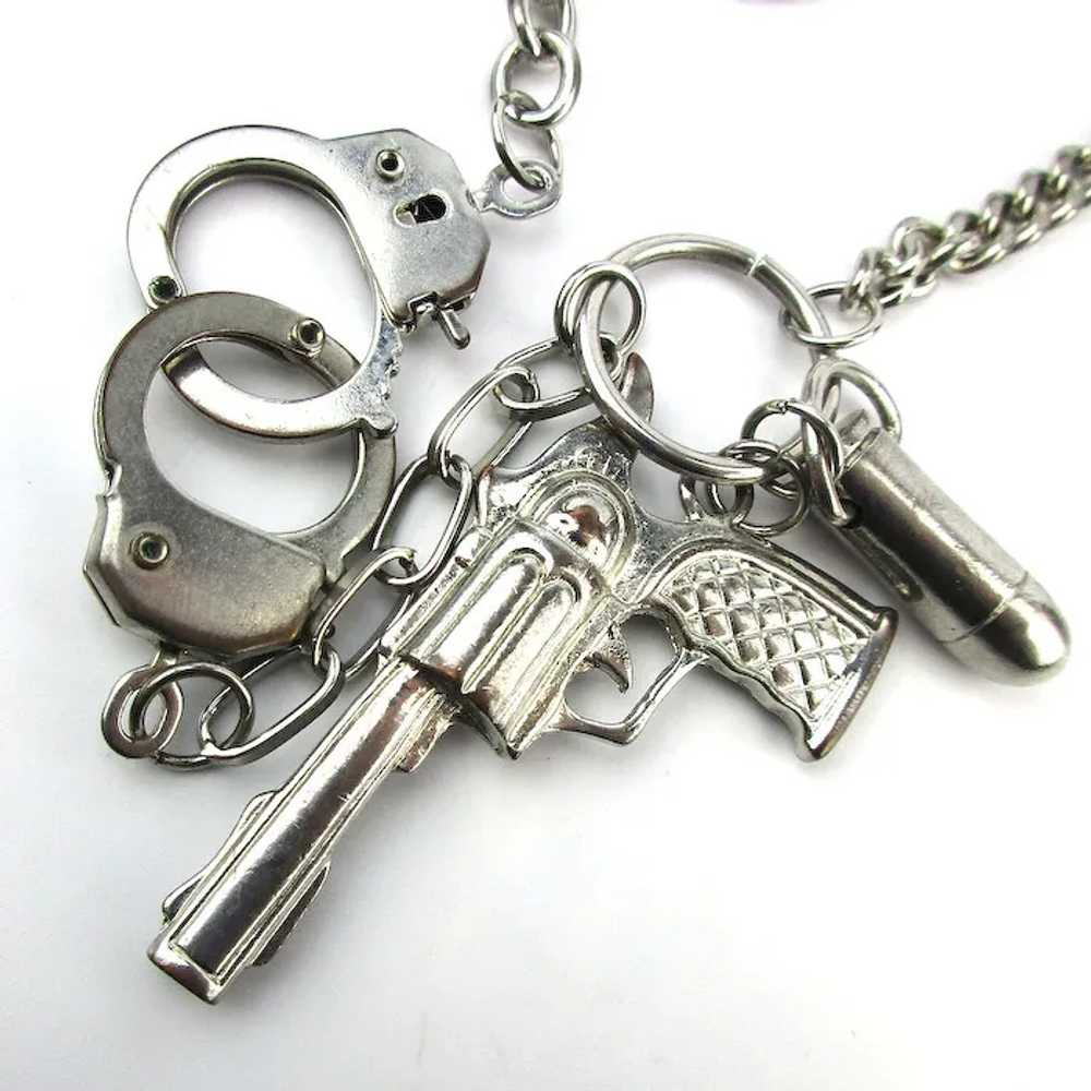 Vintage Novelty Silvertone Necklace Handcuffs Gun… - image 2