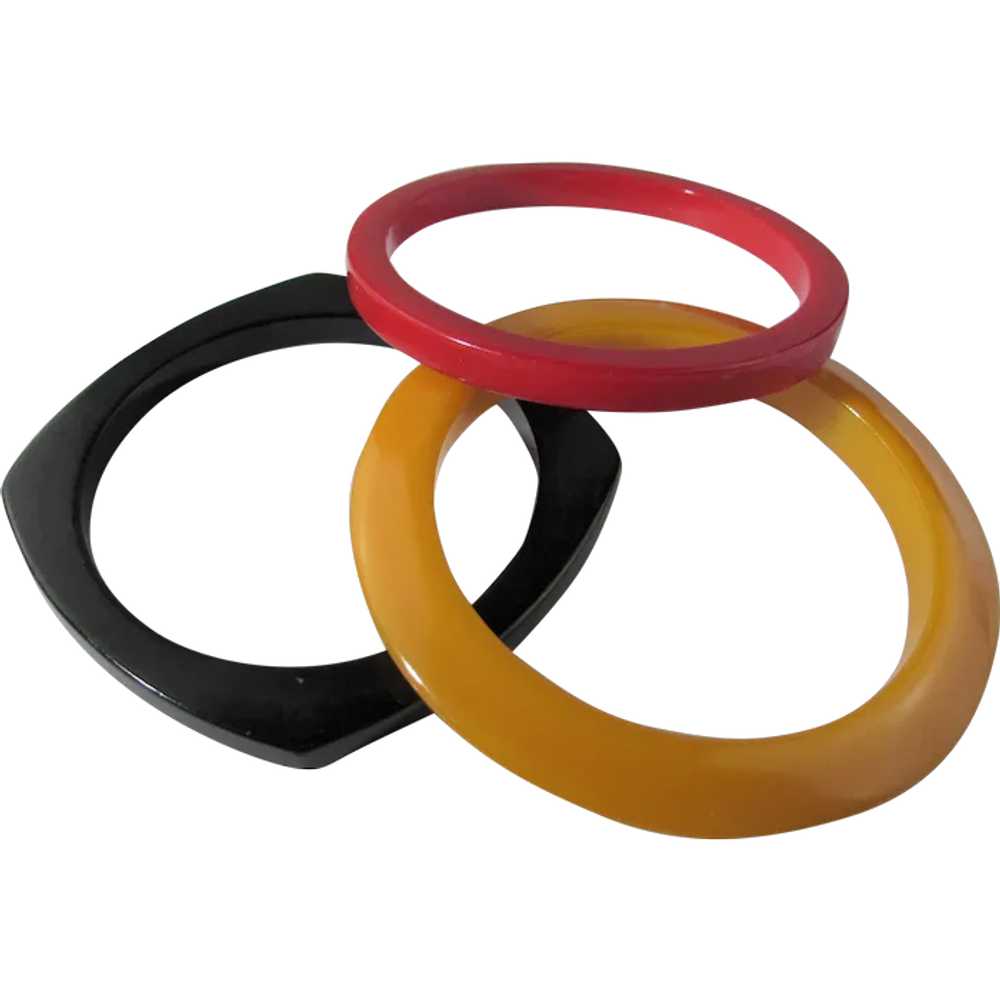 Bakelite Trio of Bangles in Cherry Red, Yellow an… - image 1