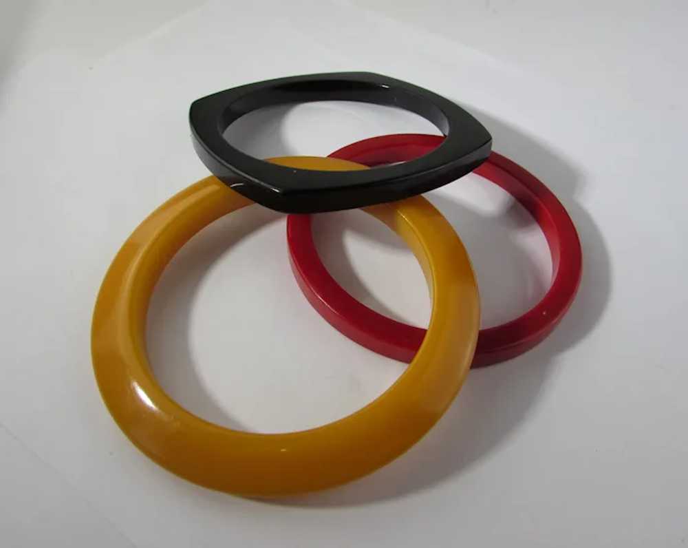 Bakelite Trio of Bangles in Cherry Red, Yellow an… - image 2