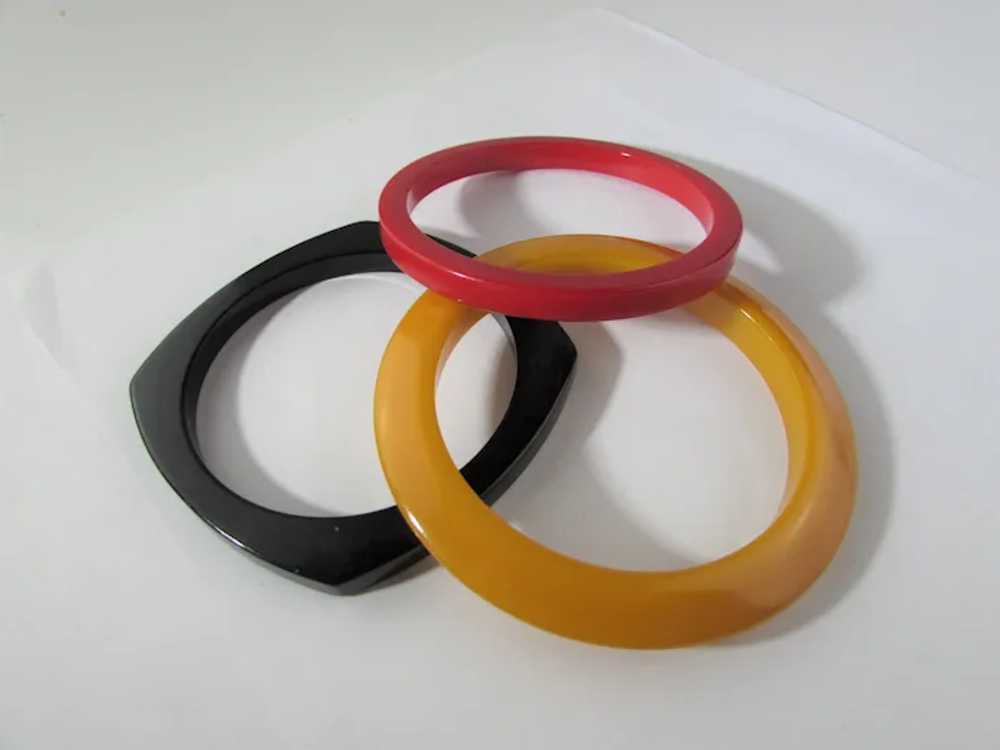 Bakelite Trio of Bangles in Cherry Red, Yellow an… - image 3
