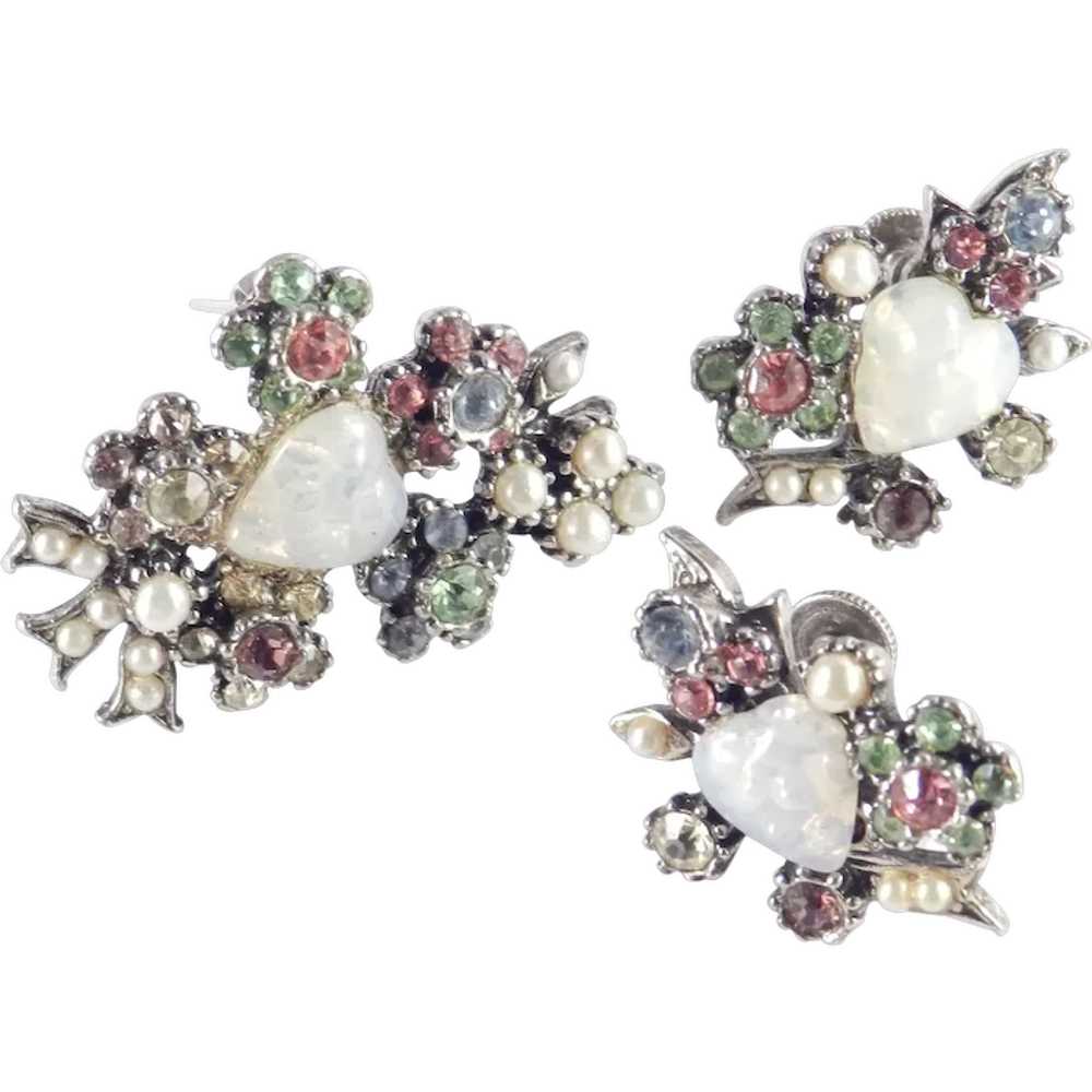 Rhinestone Faux Opal Heart Brooch Pin Earrings Set - image 1