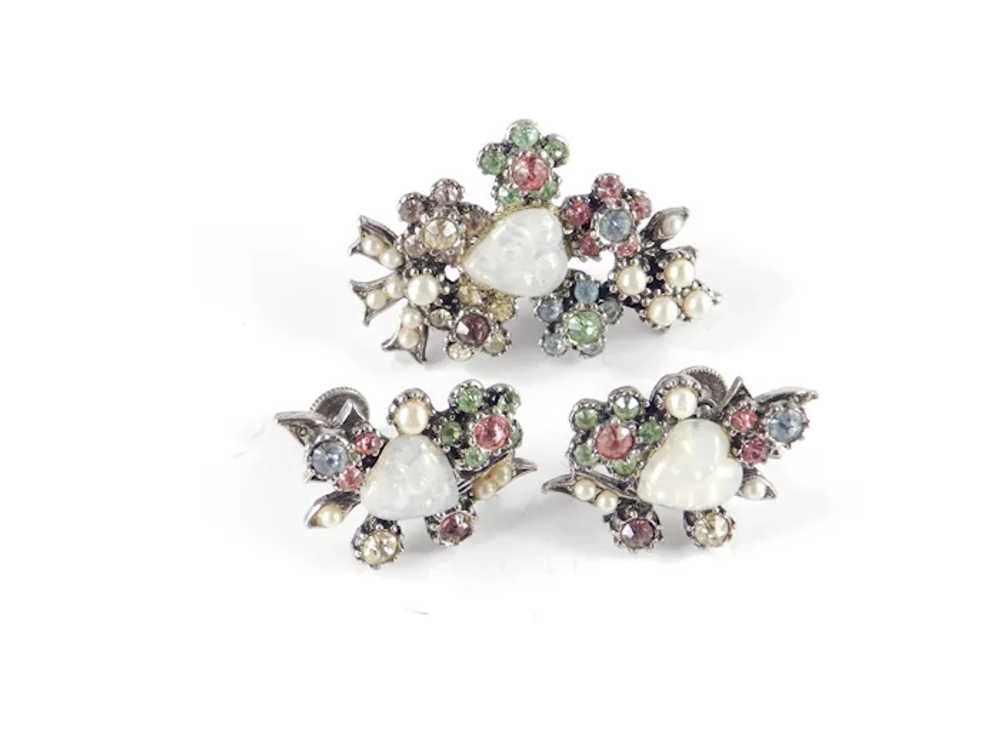 Rhinestone Faux Opal Heart Brooch Pin Earrings Set - image 2