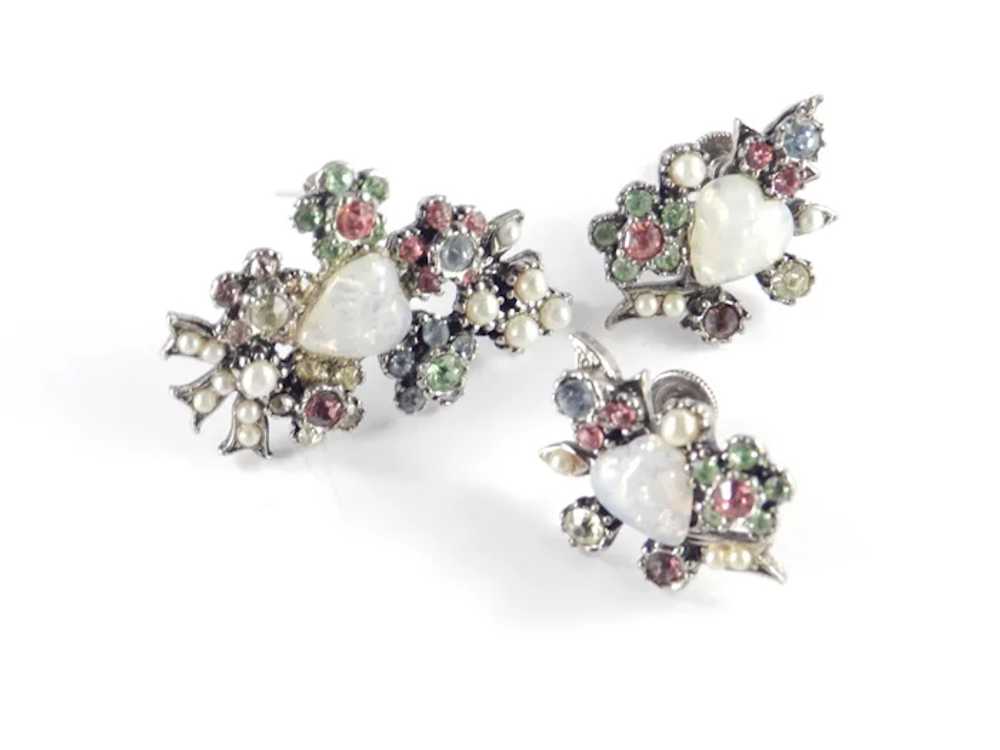 Rhinestone Faux Opal Heart Brooch Pin Earrings Set - image 3