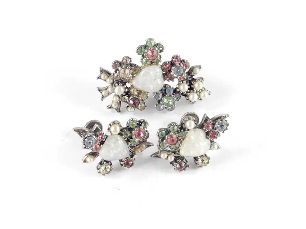 Rhinestone Faux Opal Heart Brooch Pin Earrings Set - image 4