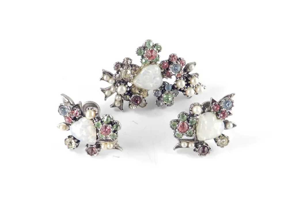 Rhinestone Faux Opal Heart Brooch Pin Earrings Set - image 5