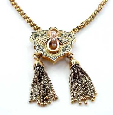 Stylish Victorian Tasselled Enamel Pearl Necklace 