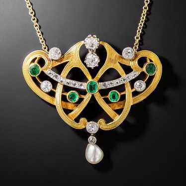 French Art Nouveau Emerald, Diamond and Natural P… - image 1