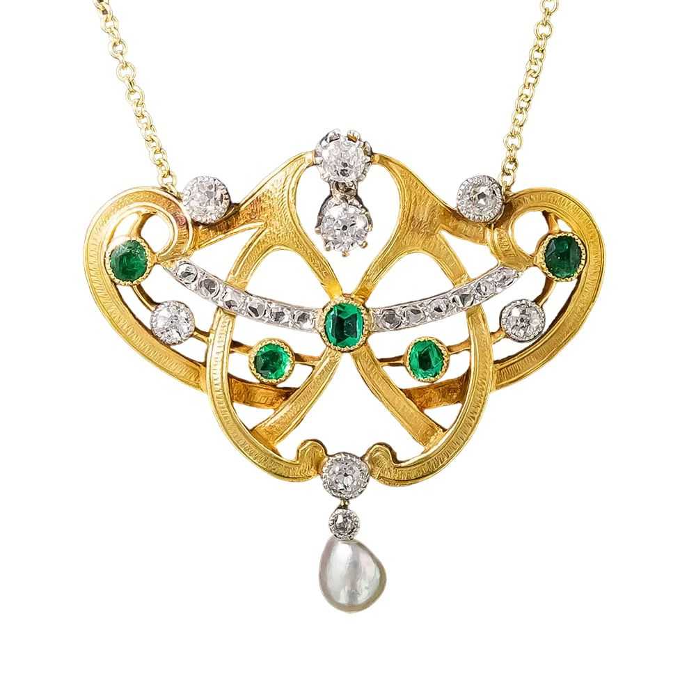 French Art Nouveau Emerald, Diamond and Natural P… - image 3