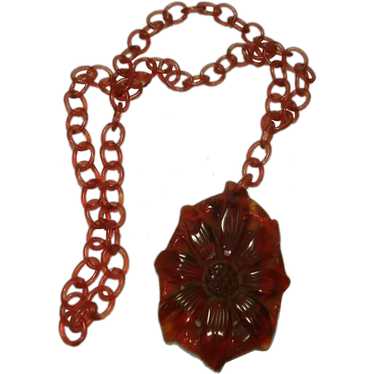 Carved & Pierced Iced Tea Bakelite Celluloid Neck… - image 1