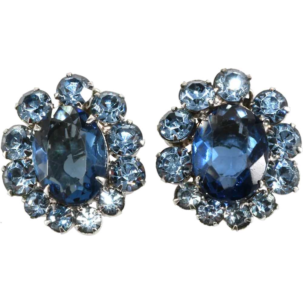 Rhinestone Earrings Royal and Light Blue Stones O… - image 1