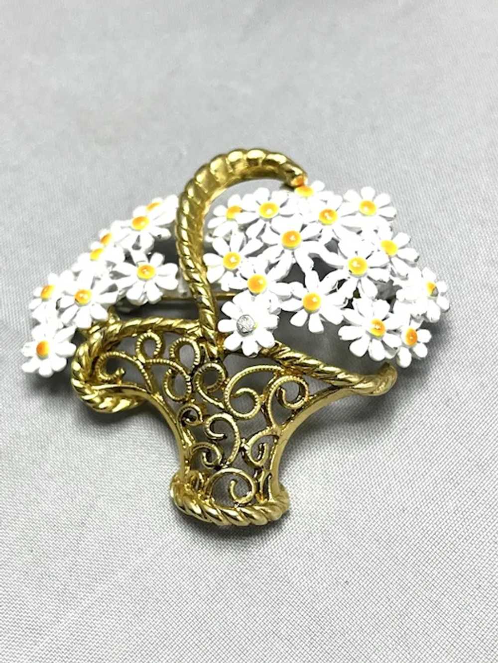 Vintage White Flower Basket Enamel Brooch Pin - image 2