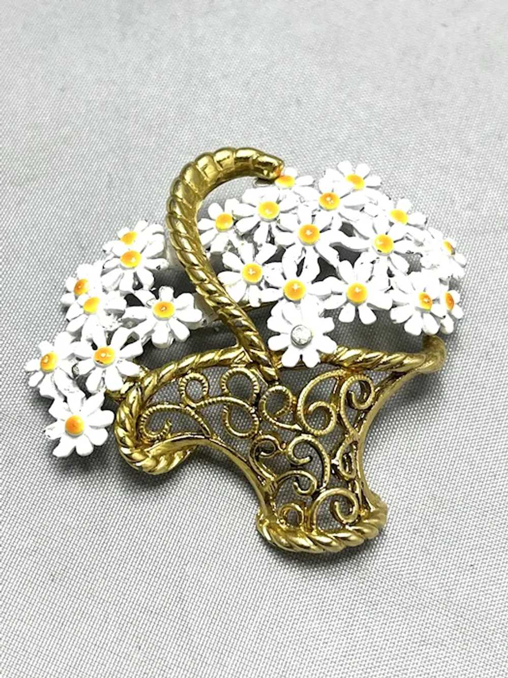 Vintage White Flower Basket Enamel Brooch Pin - image 4