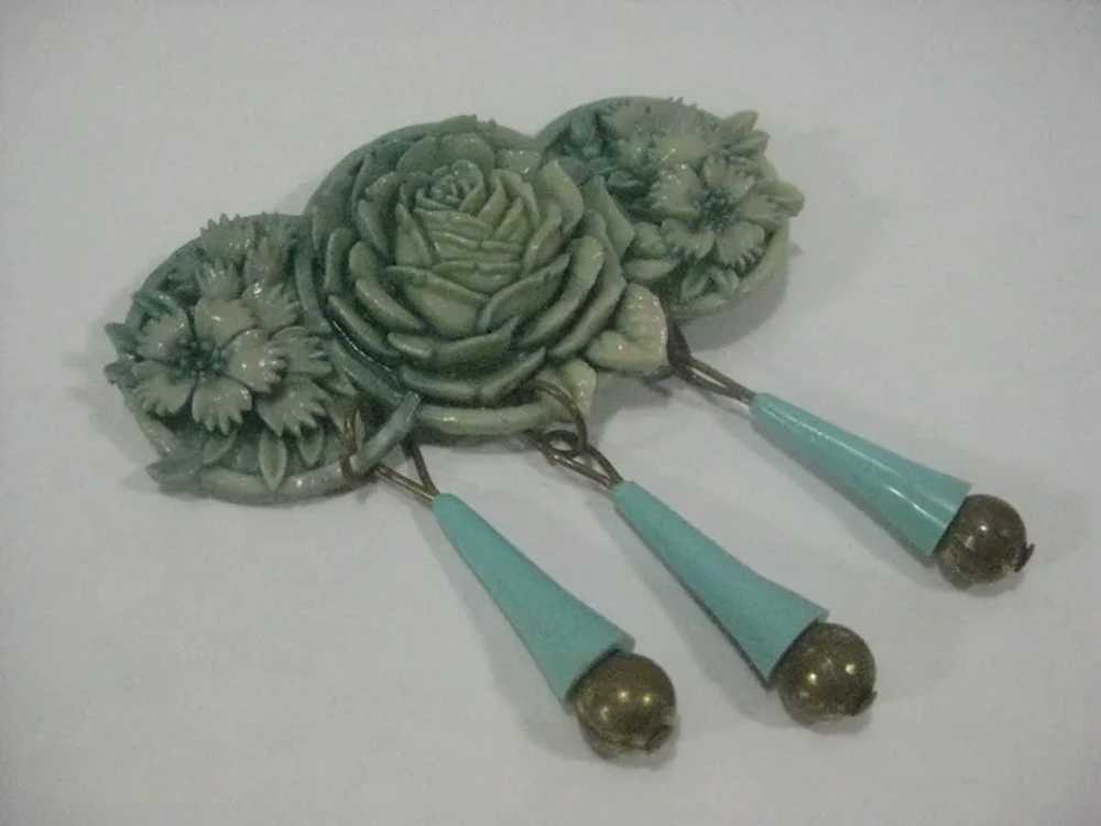 Rose flower turquoise dangle brass early plastic … - image 2