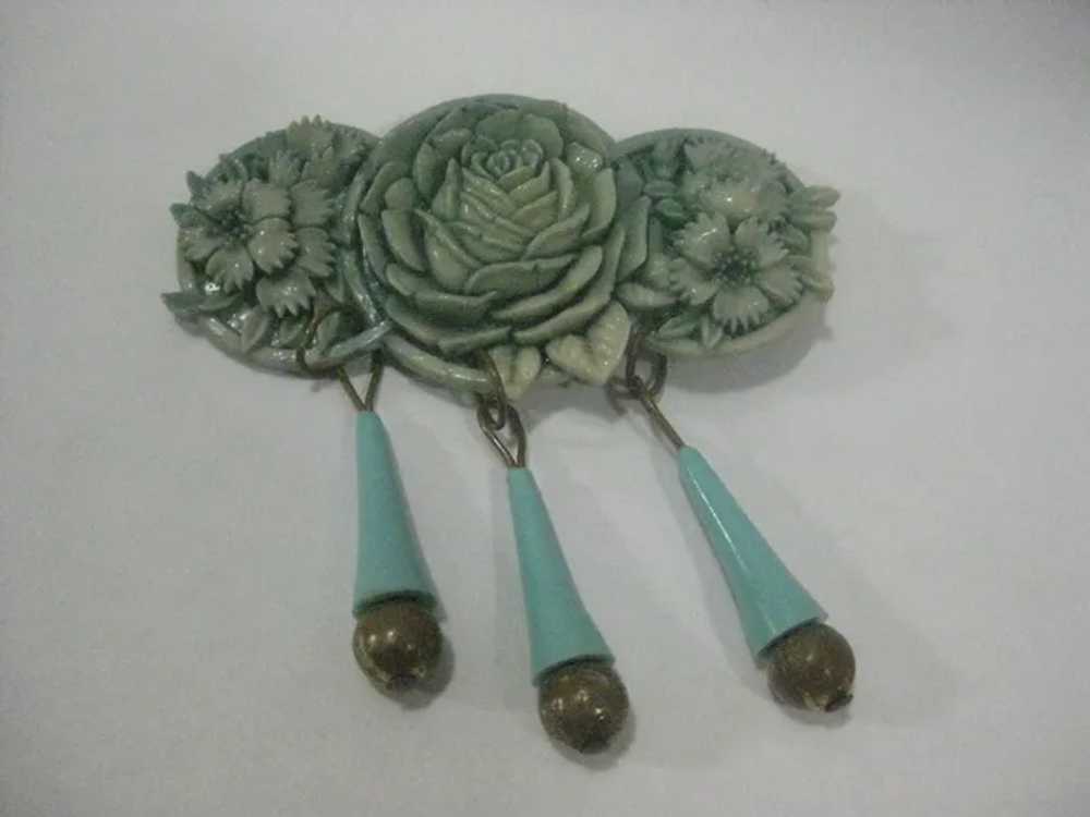 Rose flower turquoise dangle brass early plastic … - image 3