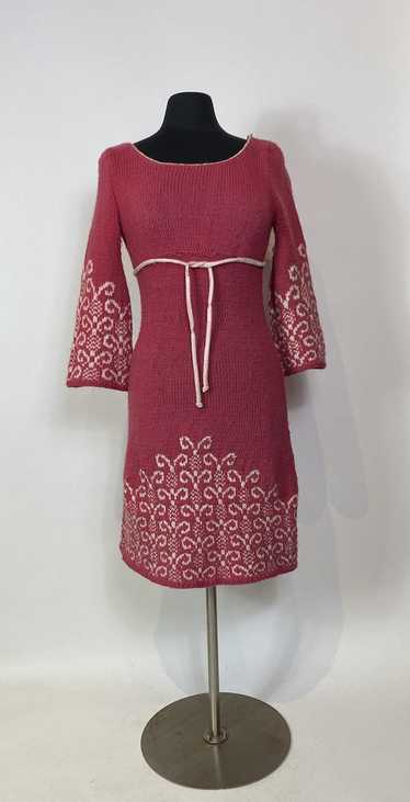 1960s Pink Knit Empire Waist Dress Wide Sleeve